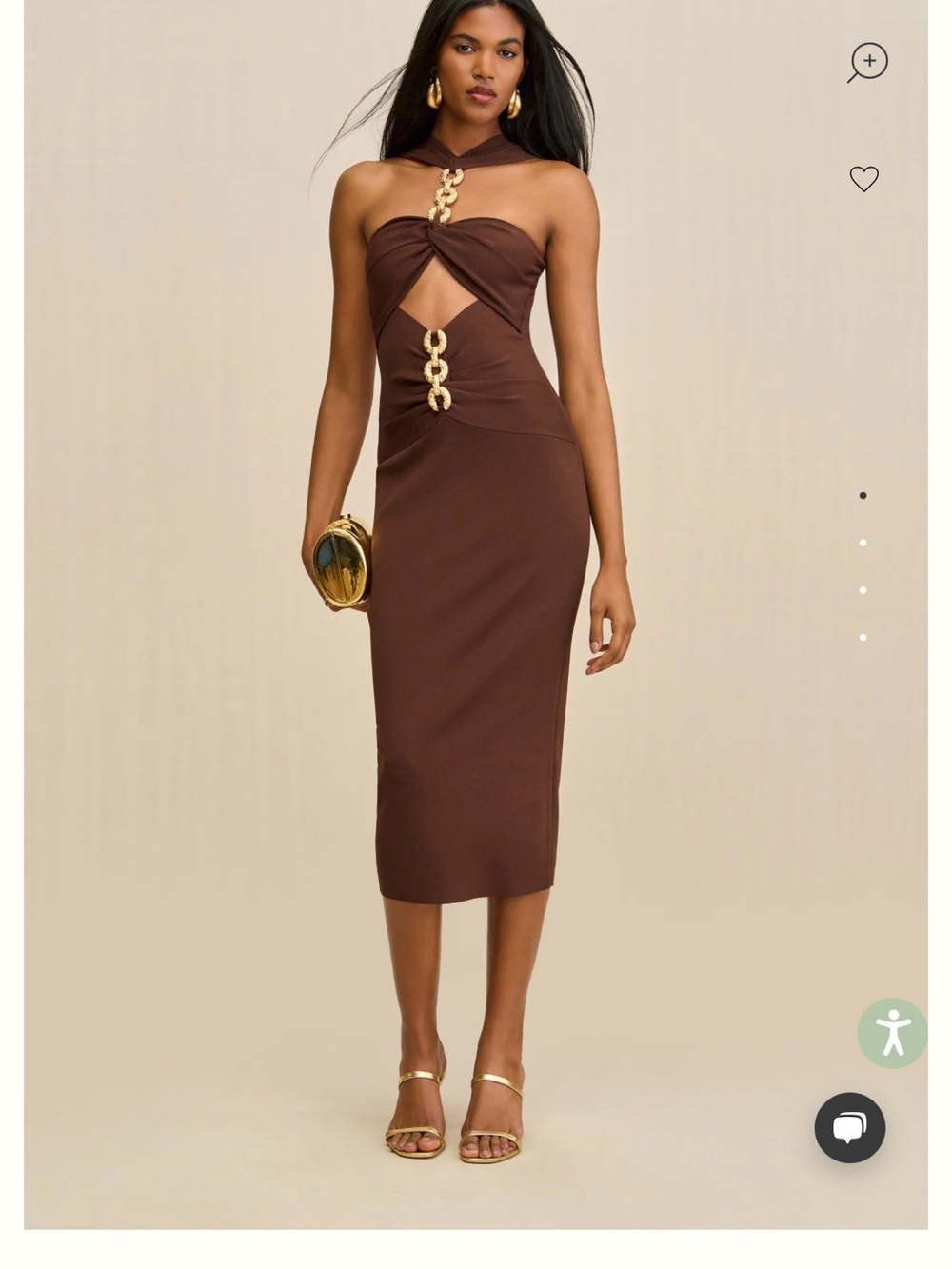 cult gaia Strapless Cutout Midi Dress in Chocolate Brown with Gold Accents - Picture 1 of 4